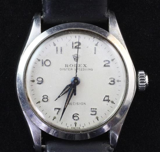 A gentlemans late 1950s stainless steel Rolex Oyster Speedking Precision mid-size manual wind wrist watch,